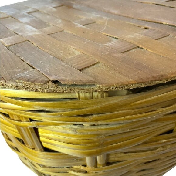 Vintage Wicker Picnic Basket With Wood Double Hinged Lid Farmhouse Style - Picture 9 of 12